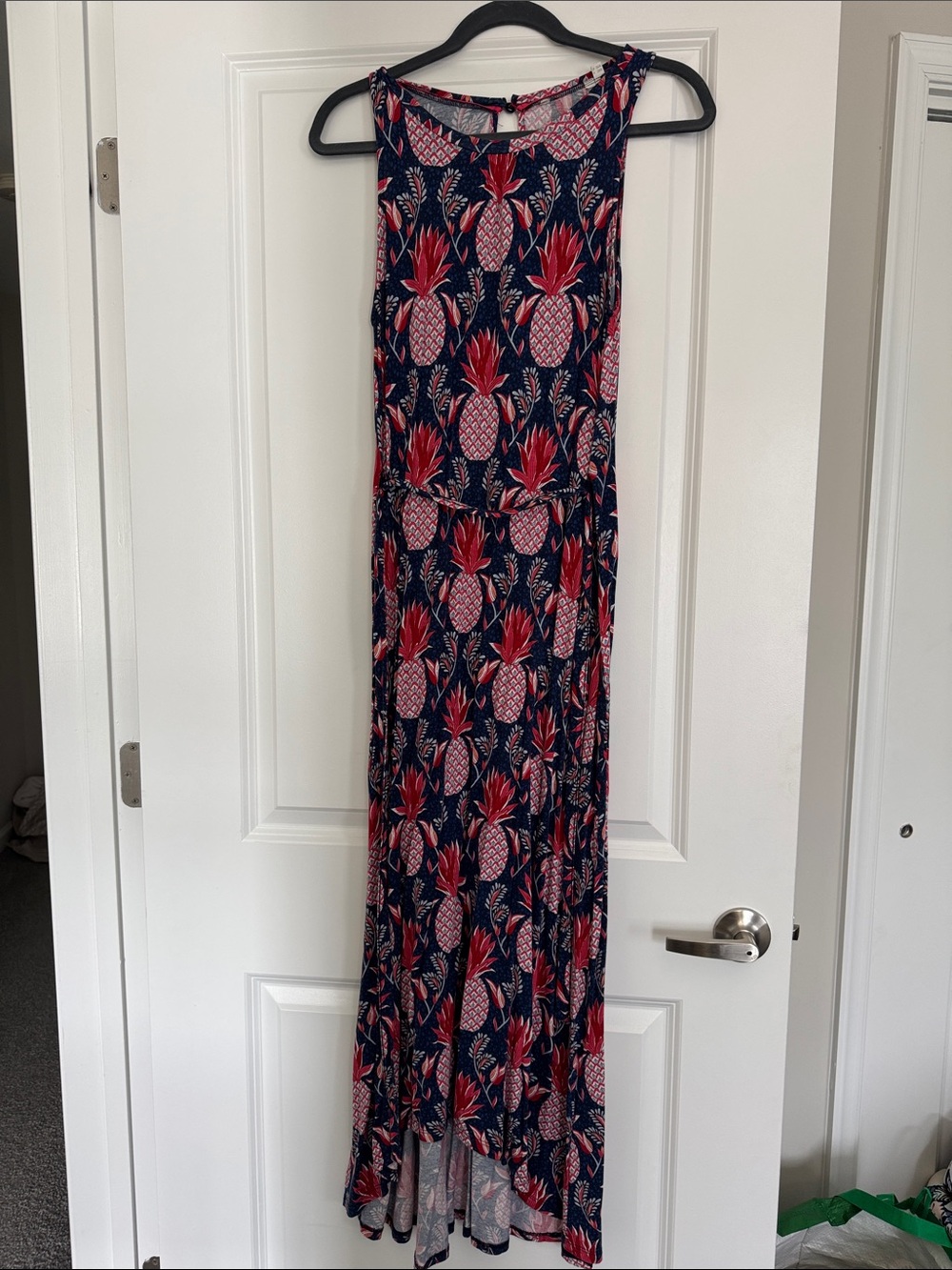 LOFT Navy Maxi Dress with Pink and Red Pineapple Print